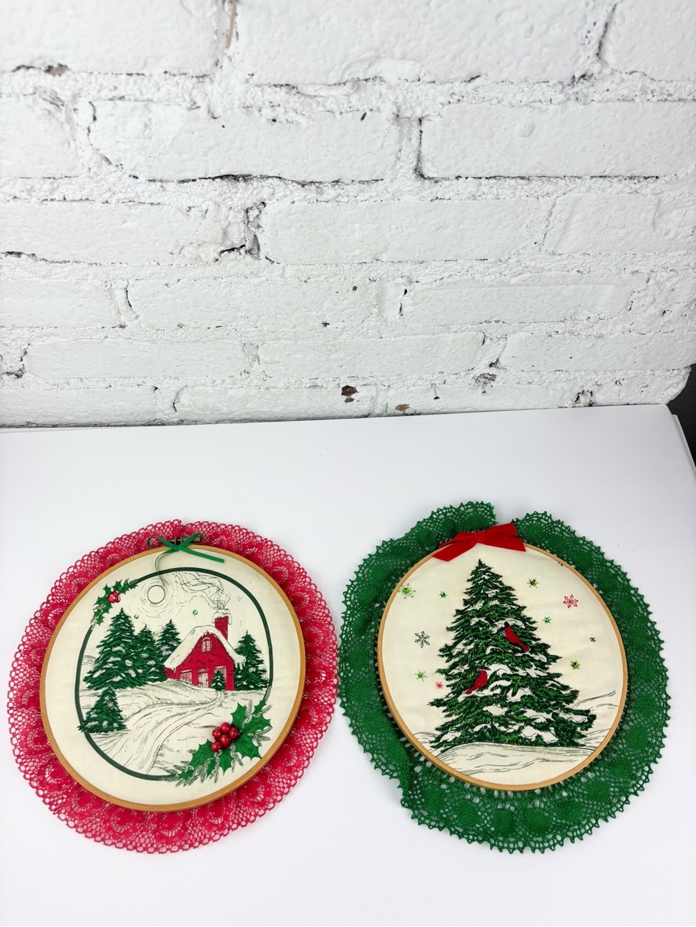 Vintage Hand Crafted Christmas Embroidered Holiday Hoop Duo